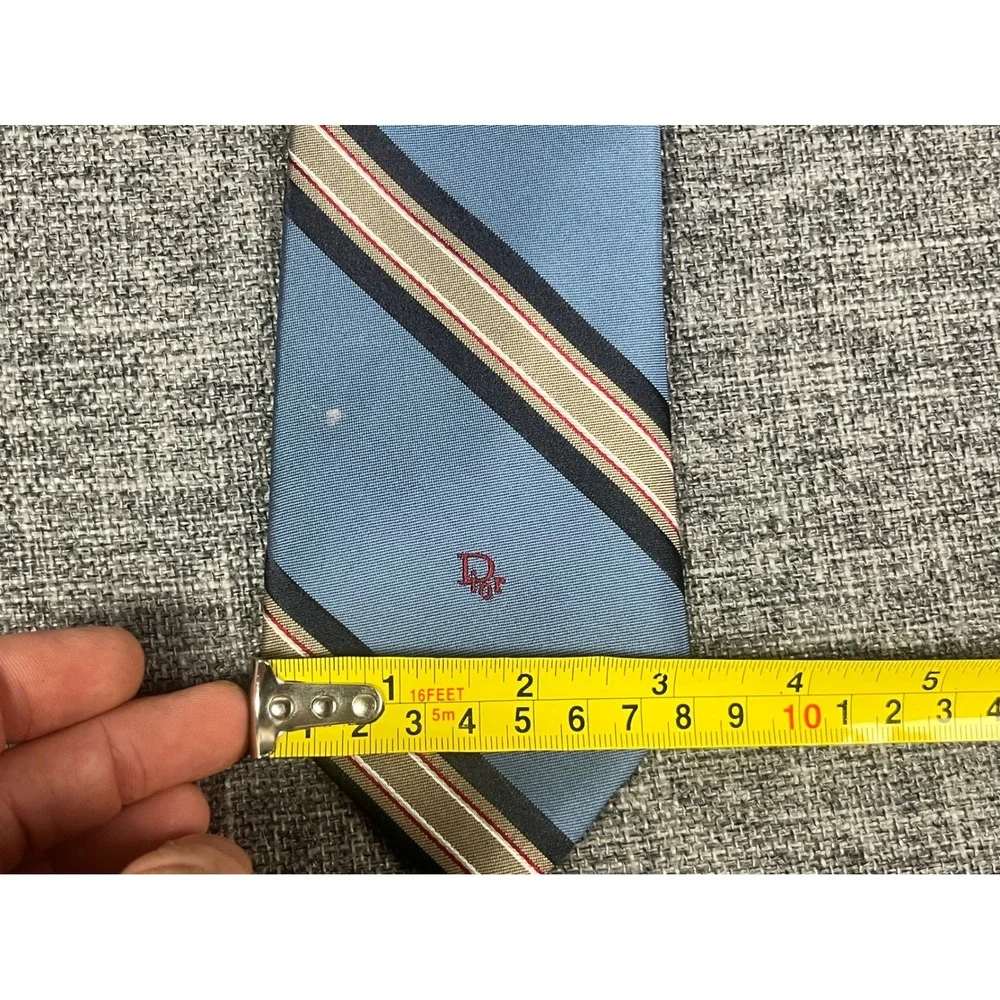 Vintage Christian Dior Mens Blue Striped Silk Blend Tie Woven in Italy Logo
